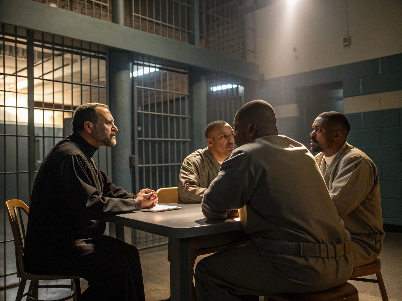 Lucia sitting in prison counseling interview room