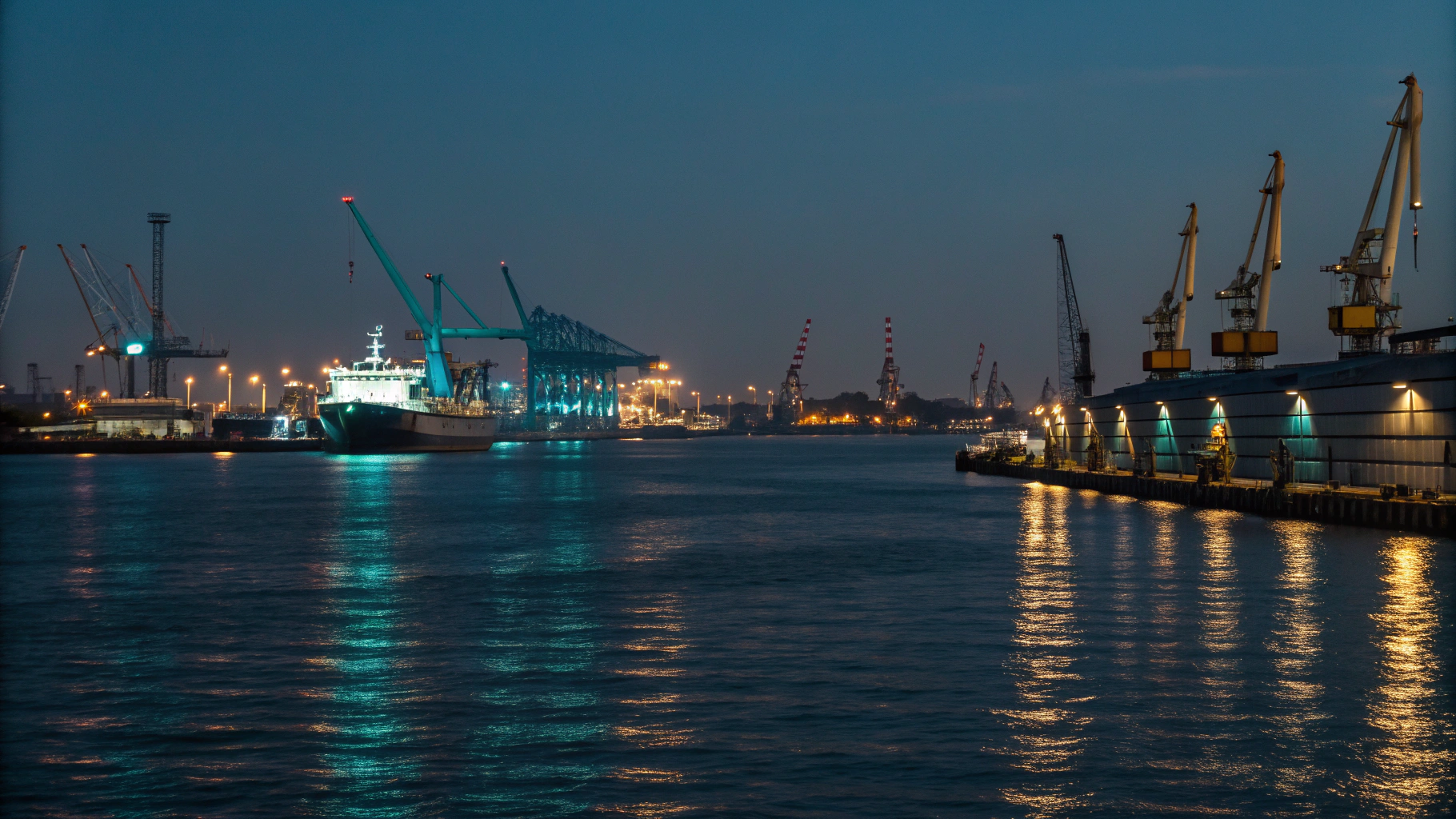 High-speed contraband speedboats navigating moonlit waterways near coastal shipping docks