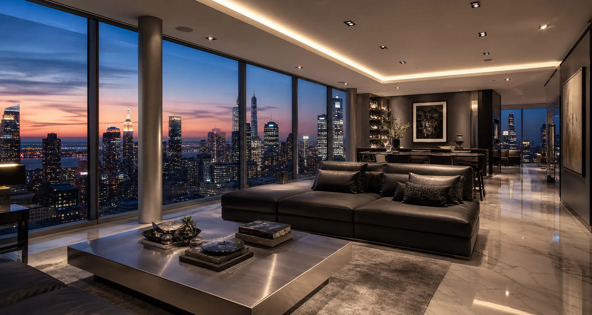 Luxury glass penthouse office overlooking nighttime neon metropolis with silhouette figures
