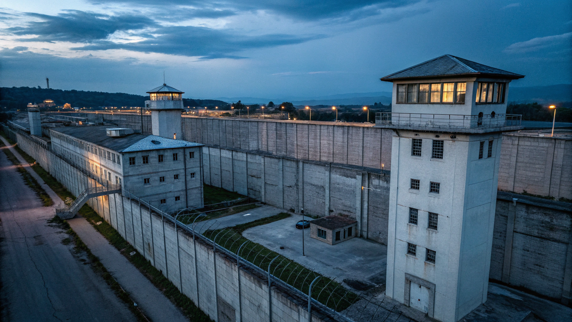 Searchlights beaming across correctional facility fences during a rainy nighttime perimeter alert
