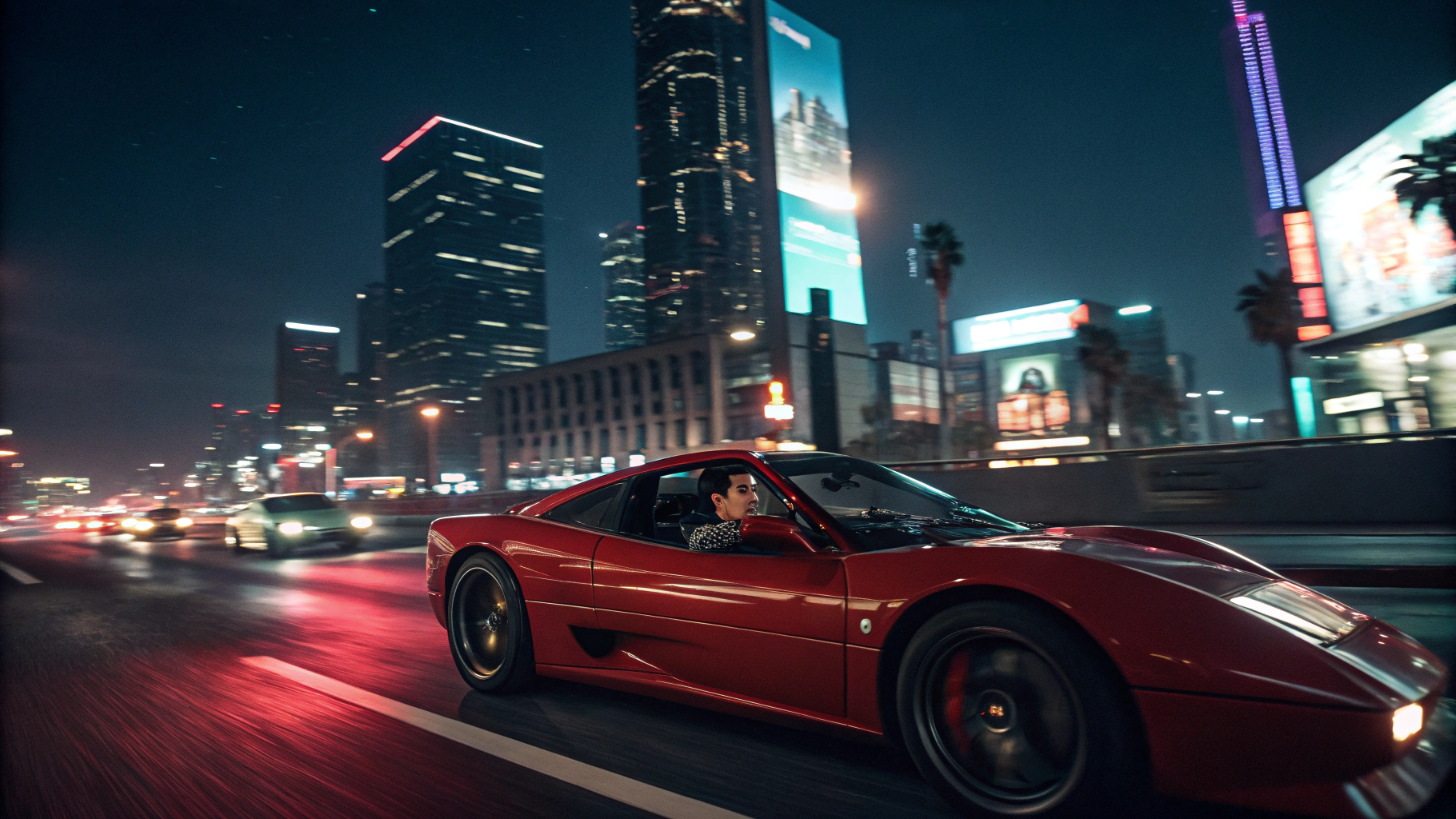 Lucia and Jason sitting together in a getaway car overlooking Vice City neon skyline
