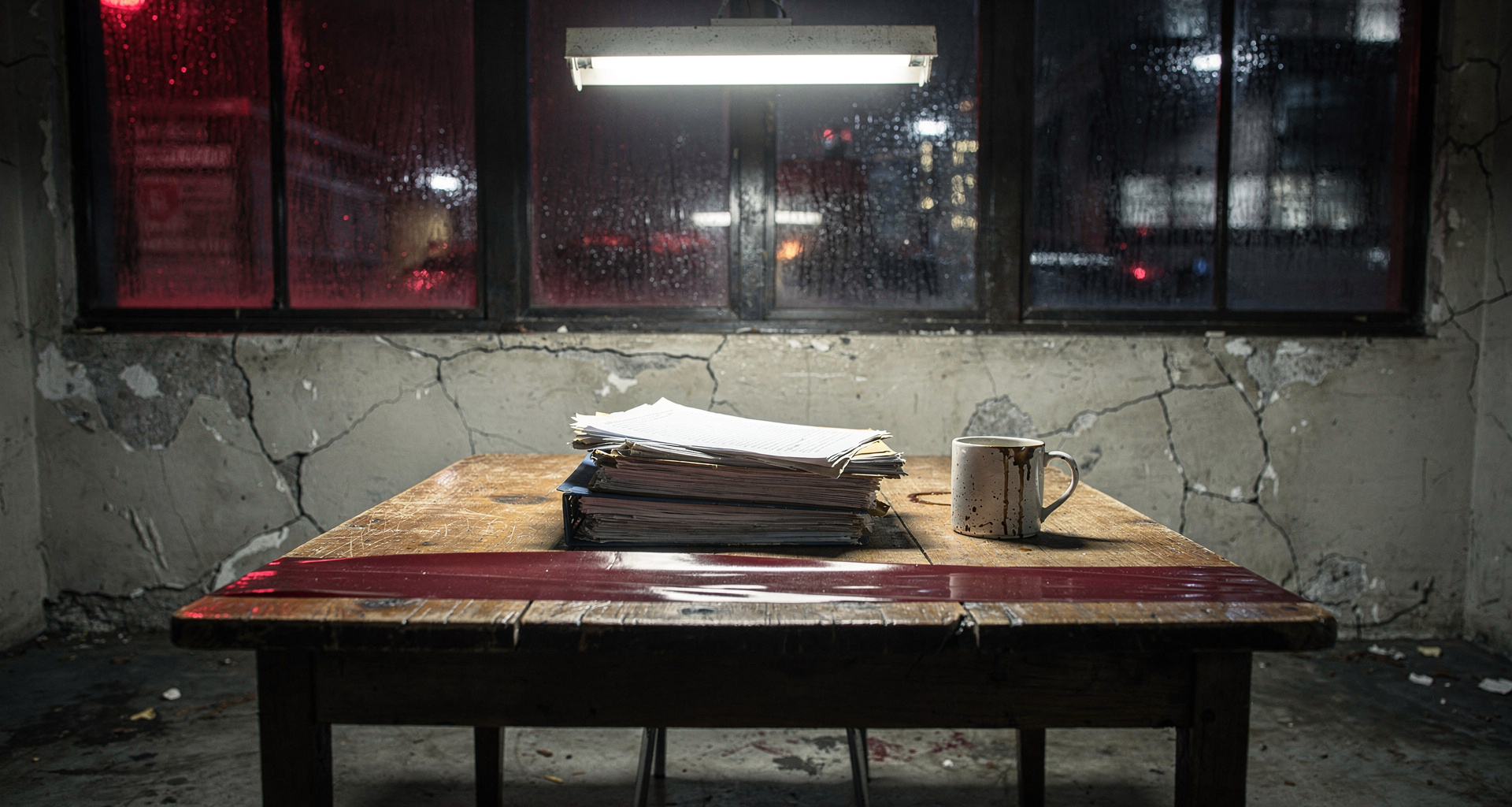 Surveillance photographs and police dossier files scattered across an interrogation desk