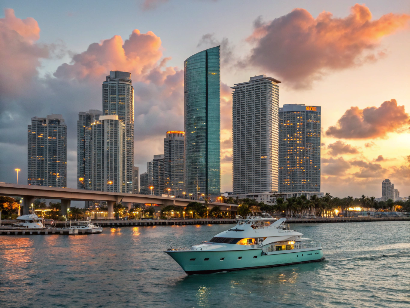 Aerial view of modern Vice City coastline and skyscrapers at sunset