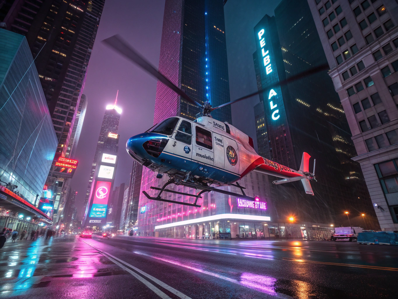 Helicopter banking across the Vice City downtown skyline