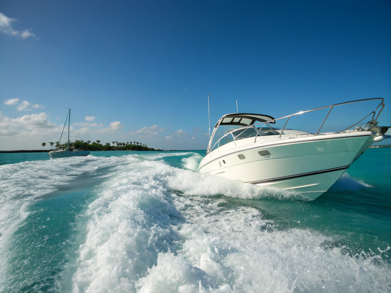 Speedboat cutting through coastal water at sunset