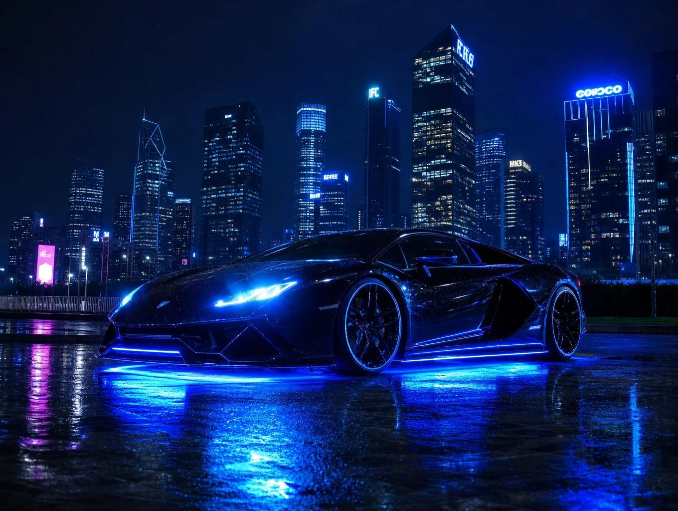 Modern sports coupe parked under neon palm trees