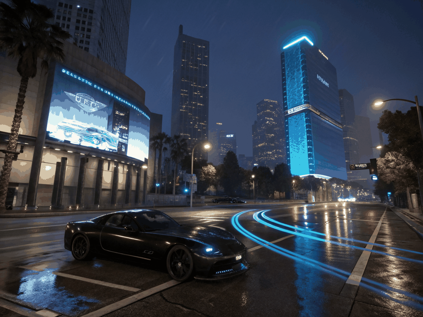 Retro supercars parked along the neon-lit oceanfront avenue in Vice City