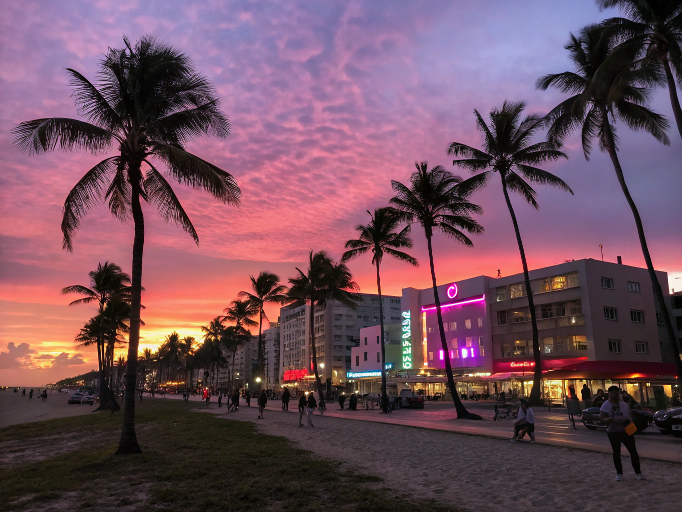 Vice City skyline with palm silhouettes under magenta and cyan dusk clouds